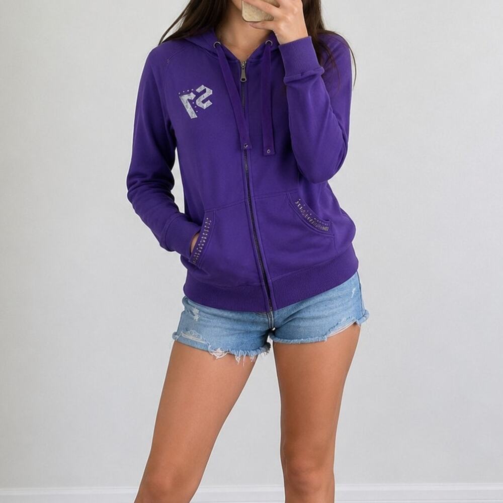 Seven7🌿Purple Rhinestone Zip Hoodie Women’s Size Small Y2K Stretch Jacket Bling